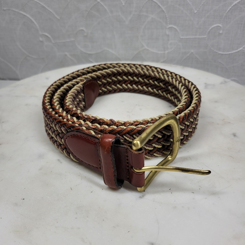 Arden Preppy Braided Leather Belt Size 36 Brown Tan Stretch Woven Brass Buckle - Picture 3 of 13